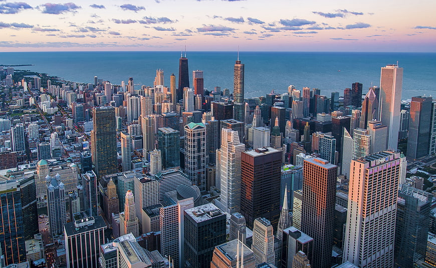 Aerial View of Chicago Skyline at Sunset Over Lake Michigan