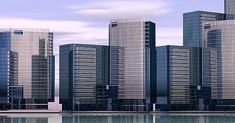 Modern Glass Skyscrapers with Water Reflection