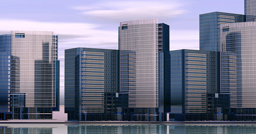 Modern Glass Skyscrapers with Water Reflection