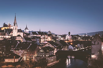 Schaffhausen Switzerland skyline at dusk with castle and church
