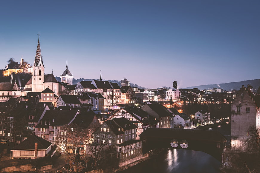 Schaffhausen Switzerland skyline at dusk with castle and church