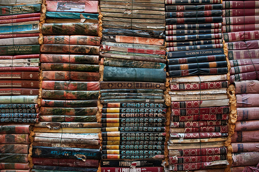 Vintage Italian Books Stacked in Columns
