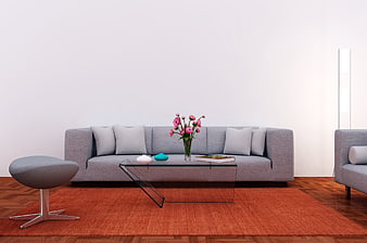 Modern Minimalist Living Room With Gray Sofa And Orange Rug