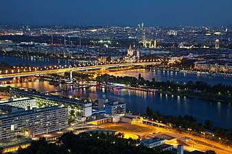 Vienna Danube River Night View with Reichsbrücke and City Lights