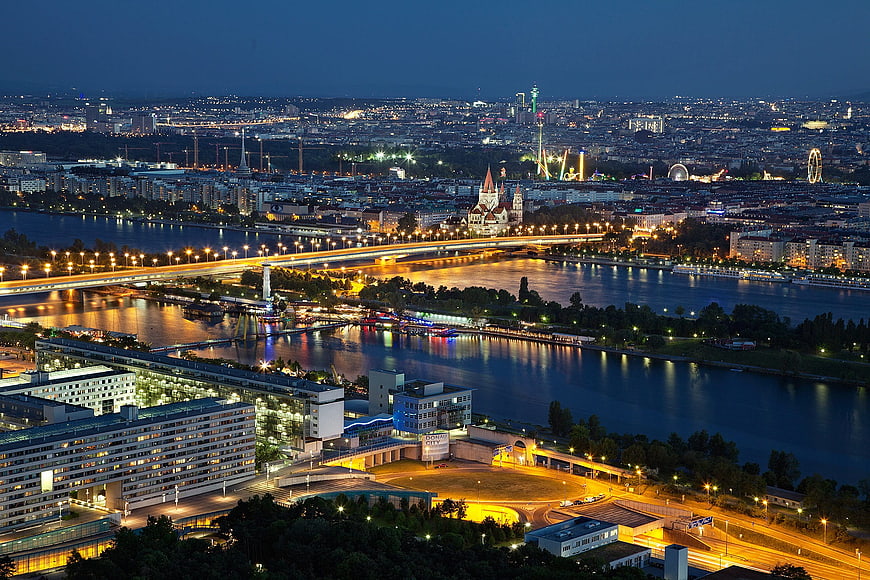 Vienna Danube River Night View with Reichsbrücke and City Lights
