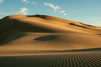 Golden sand dunes with ripples under blue sky
