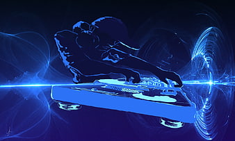 Stylized Blue DJ Silhouette with Neon Light Effects