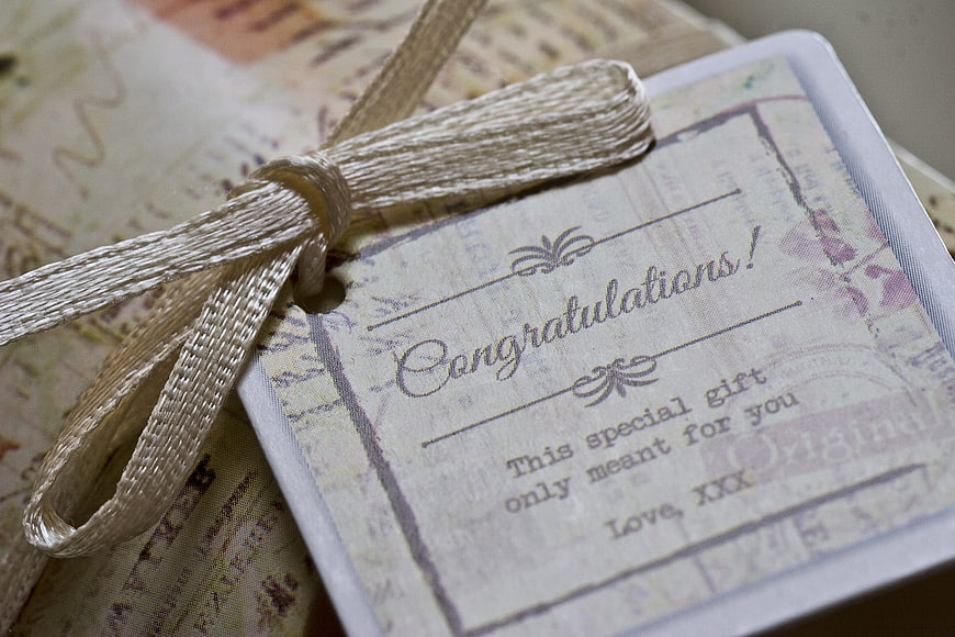 Vintage Gift Tag with Congratulations Message and Ribbon