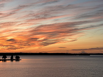 Vibrant sunset over calm lake with silhouetted trees
