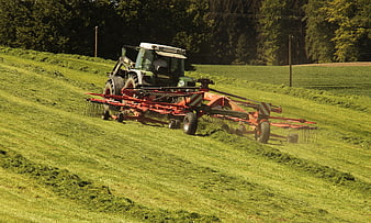 Tractor Raking Hay in Green Meadow Field