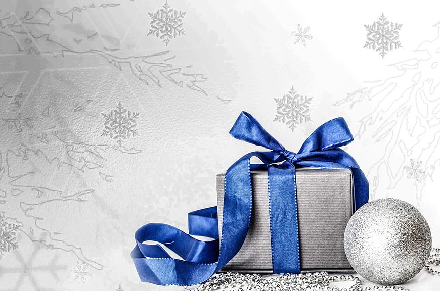 Silver Christmas Gift Box with Blue Ribbon and Ornament
