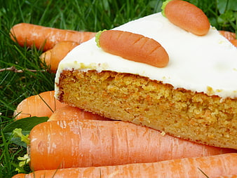 Slice of carrot cake with cream cheese frosting on fresh carrots in grass