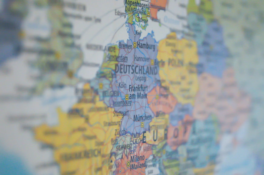 Close-up of Germany on a colorful political map of Europe