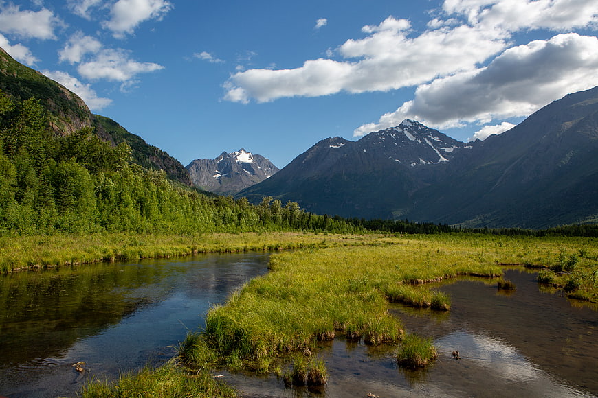 Scenic Alaska River Valley with Snow-Capped Mountains