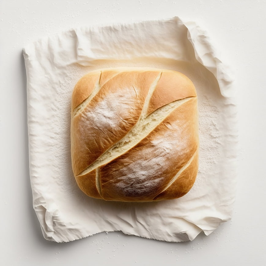 Freshly baked artisan bread loaf on white linen