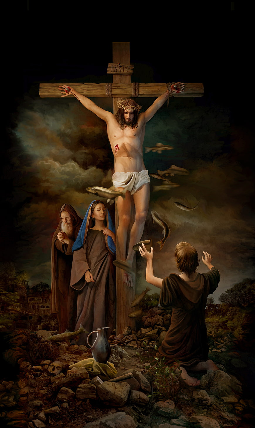 Surreal Religious Art of Crucifixion with Floating Fish