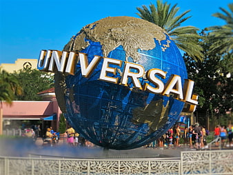 Universal Studios Globe Icon with Visitors and Palm Trees