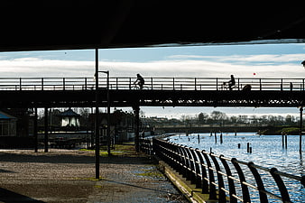 Silhouettes of Cyclists Crossing a Bridge Over Water