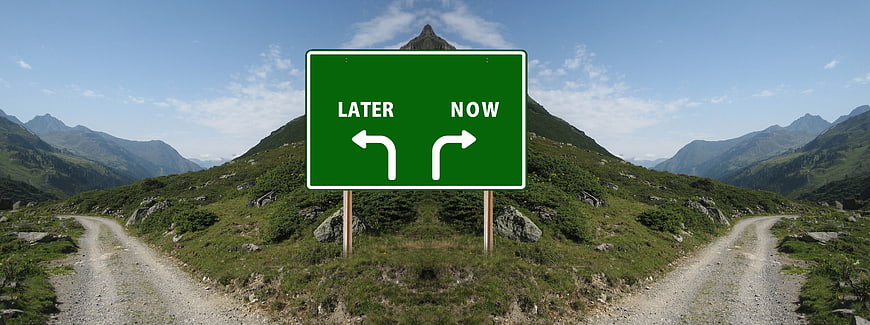 Green road sign with NOW and LATER arrows at mountain fork