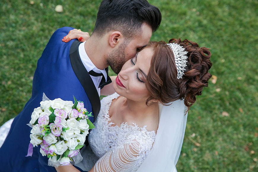 Romantic Wedding Couple Portrait with Bouquet