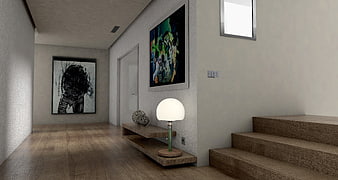 Modern minimalist hallway with wooden stairs and abstract art
