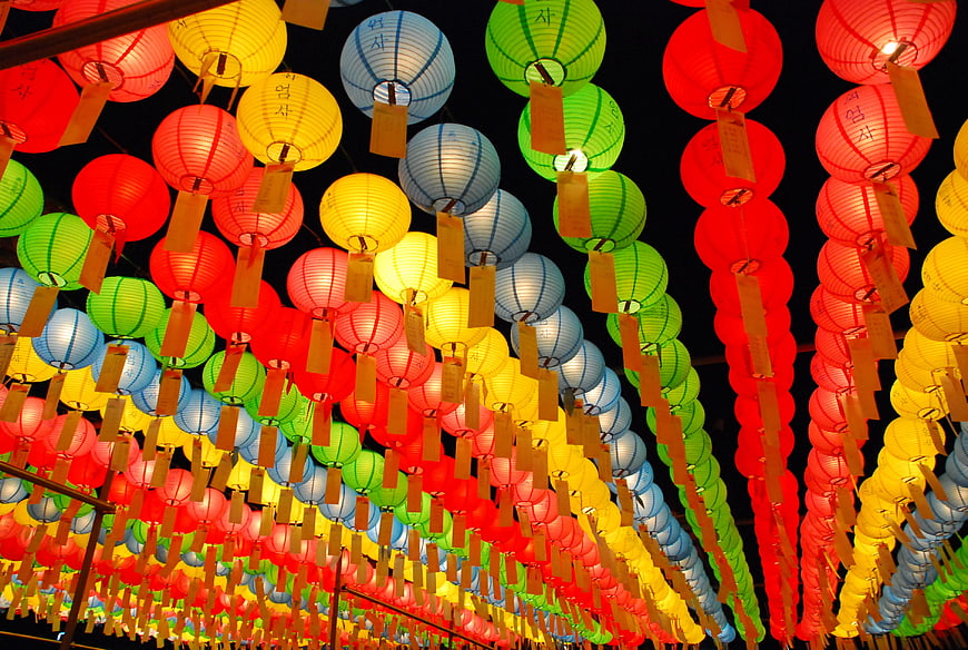 Colorful Korean Paper Lanterns Hanging Against Night Sky