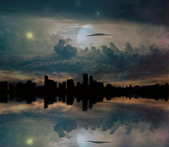 Fantasy Cityscape with Giant Moon and Star Reflection