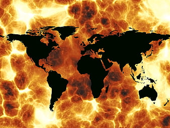 Global map silhouette on fiery solar surface background