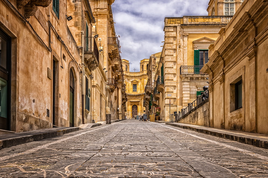 Cobblestone Street in Historic Valletta, Malta Architecture