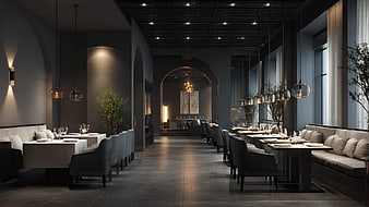 Modern Elegant Restaurant Interior with Dark Moody Lighting