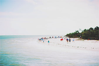 Wide shot of people walking on a sandy beach with turquoise water