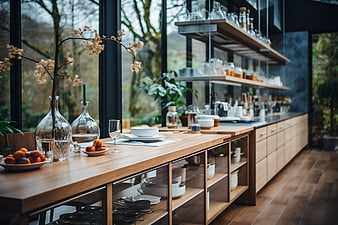 Modern minimalist kitchen interior with wooden island and natural light