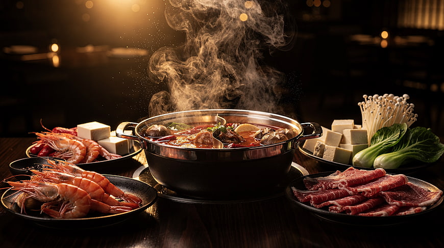 Steaming Hot Pot with Shrimp, Beef, and Vegetables