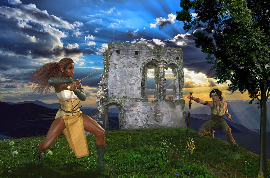 Fantasy female warriors battling near ancient stone ruins