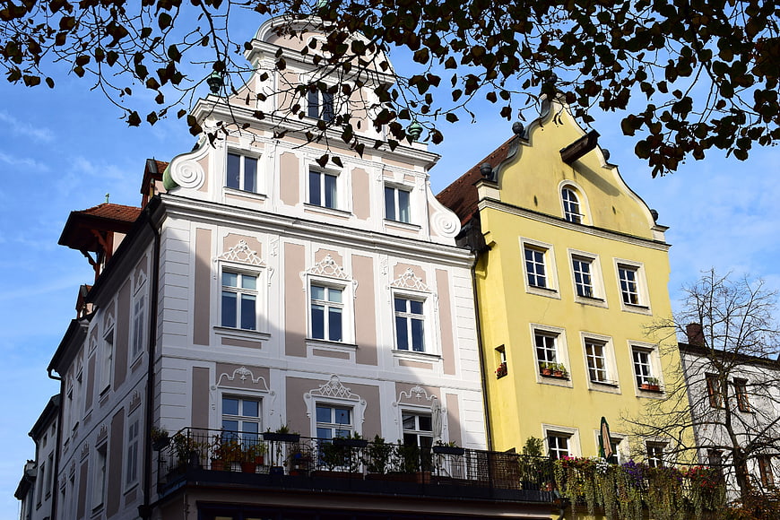Historic European architecture with ornate facades and blue sky