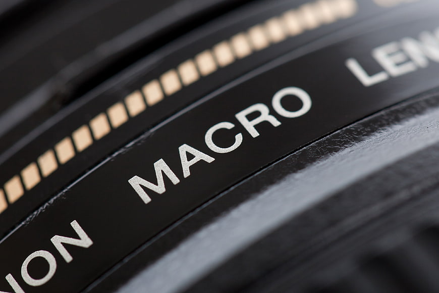 Close-up of Macro Lens Text on Camera Equipment