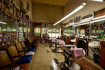 Interior of a vintage barbershop with classic chairs and mirrors