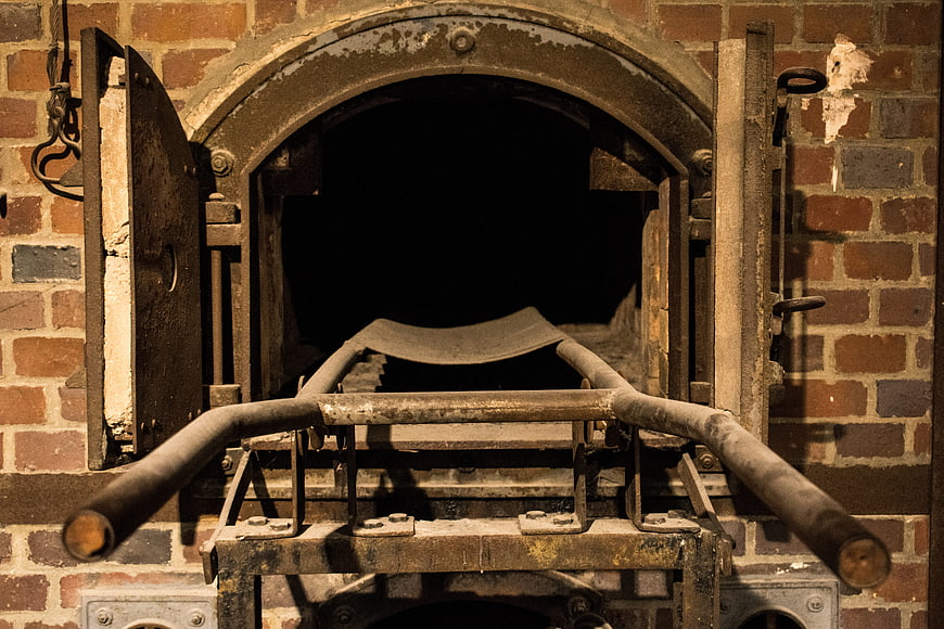 Historical crematory furnace at Dachau concentration camp memorial