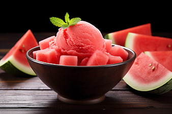 Watermelon Sorbet in a Dark Bowl with Fresh Fruit