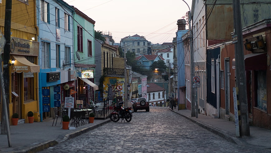 Colorful Cobblestone Street in Historic Neighborhood at Dusk
