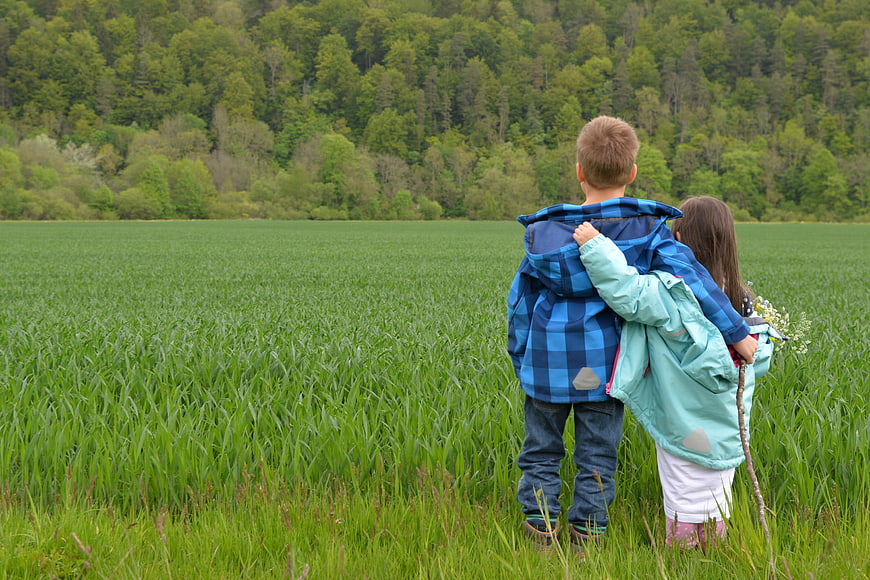 Two children standing in a green meadow with a forest background