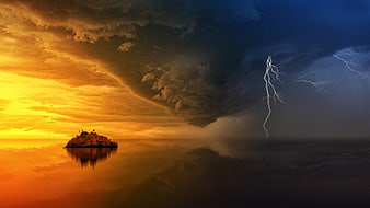 Dramatic Split Sky with Lightning Storm and Golden Sunset Over Island