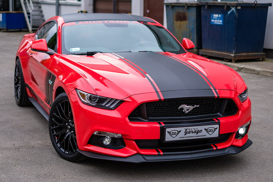 Red Ford Mustang GT with Black Racing Stripes