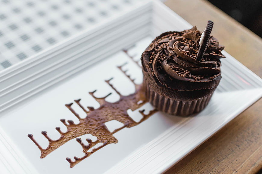 Chocolate Cupcake with Sauce Art on White Plate