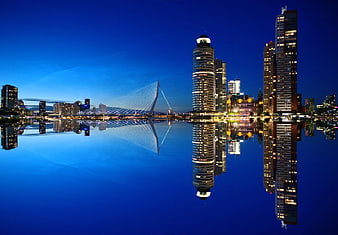 Mirrored Night Skyline of Portland Oregon with Bridge