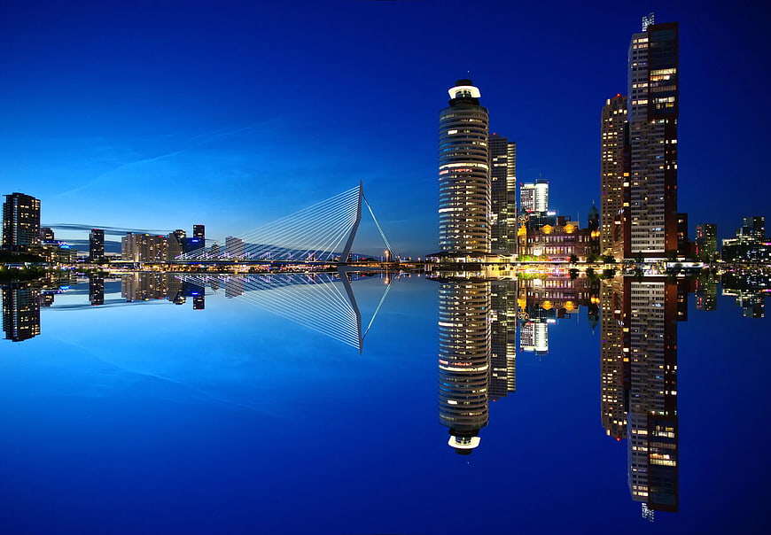 Mirrored Night Skyline of Portland Oregon with Bridge