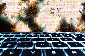 Cybersecurity Concept with Glowing Keyboard and Digital World Map
