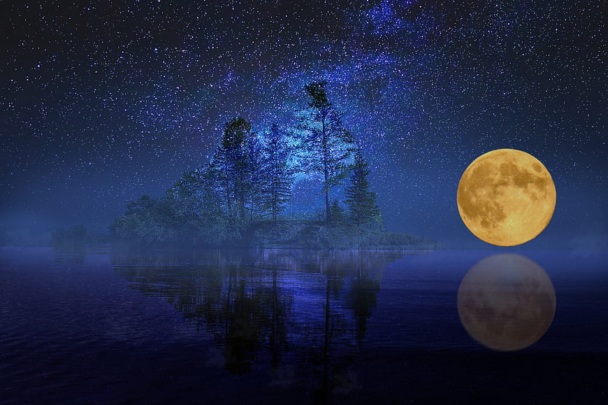 Fantasy Night Landscape with Giant Moon and Starry Sky