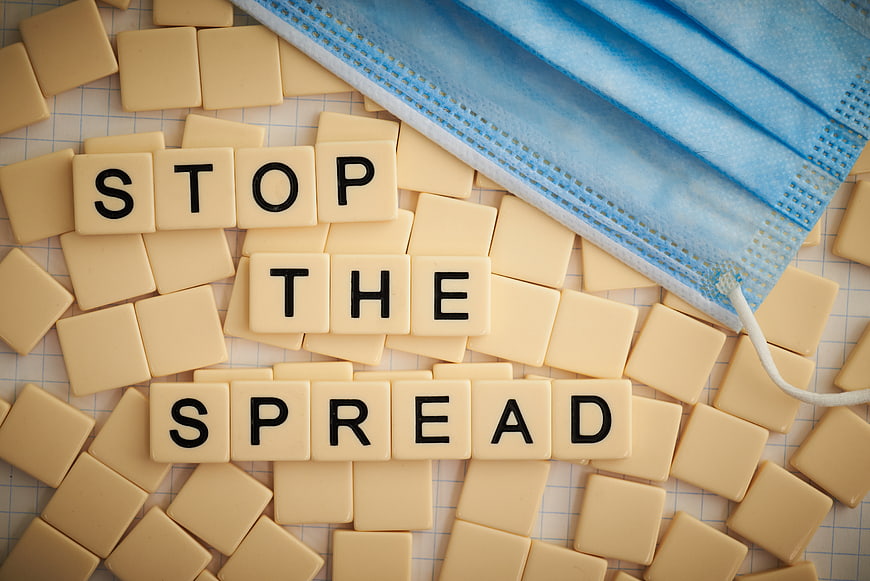 Stop the Spread Scrabble Tiles and Blue Surgical Mask