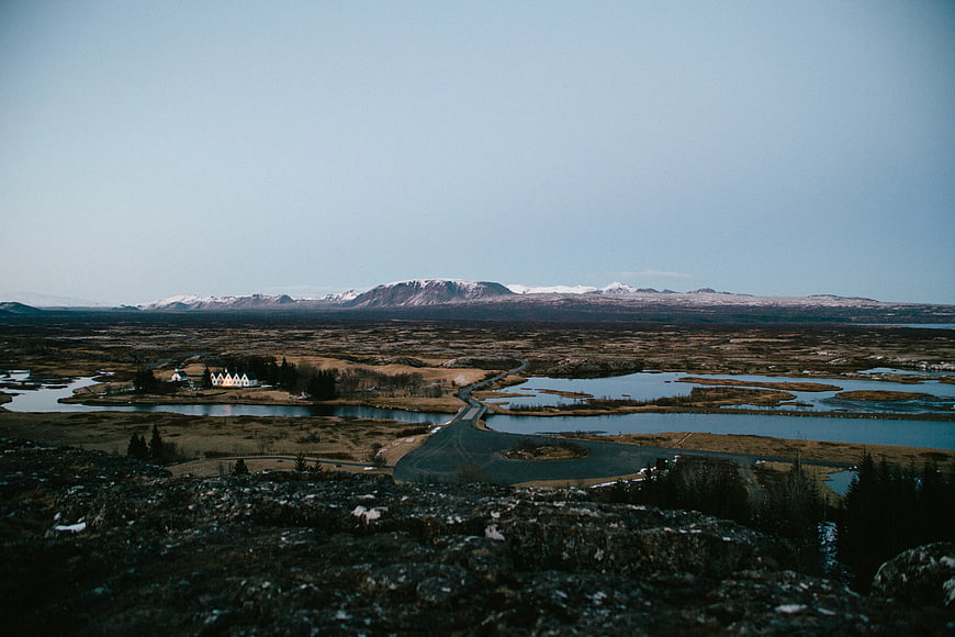 Wide landscape view of Icelandic mountains and winding river